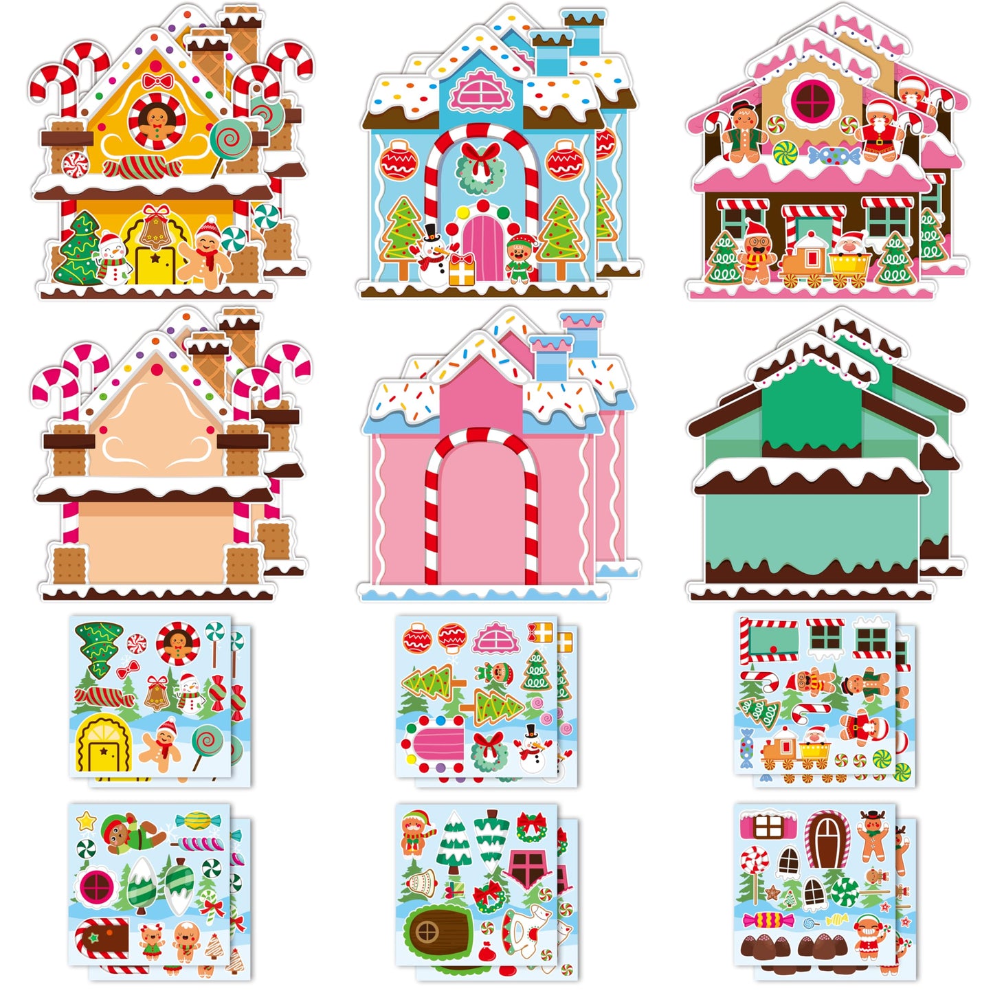 Aginc Berry 12Pcs Christmas Gingerbread Candy House Scene Sticker Art Craft, Make Your Own Christmas Candy House Sticker Scene with Xmas Tree Snowman Stickers for Kids, Xmas Holiday Party Favors