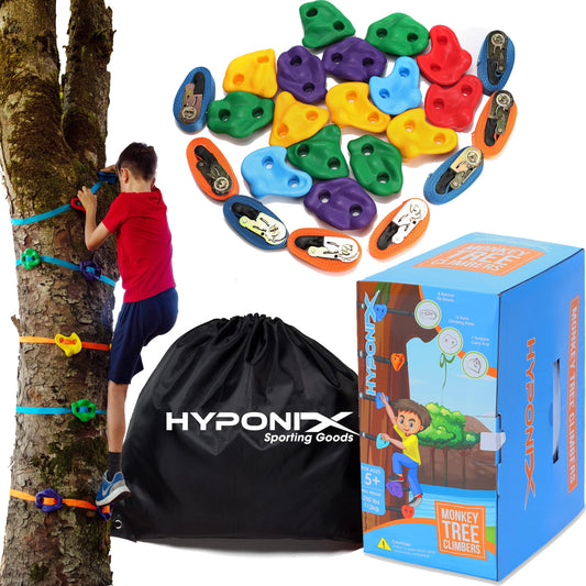 Hyponix Ninja Tree Climbing Kit – 16 Large Rock Holds & 8 Ratchets, 10-Minute Setup, Thicker Textured Grips, Supports 250lbs, CPC Certified Safety, Portable Bag – Backyard Fun & Ideal Gift for Kids