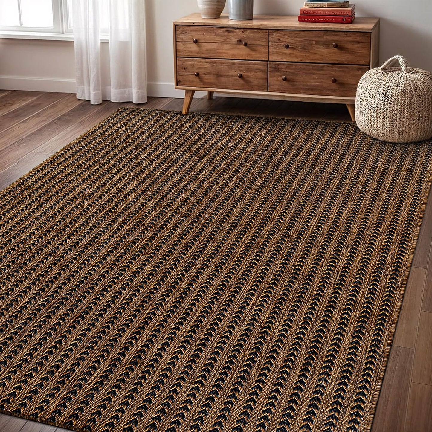 Washable Outdoor Rug 5x7 Modern Area Rugs Outdoor Carpets Striped Pattern Non Shedding Waterproof Easy Clean Patio Deck Porch Living Room Bedroom Garden RV (5 X 7 Gold)