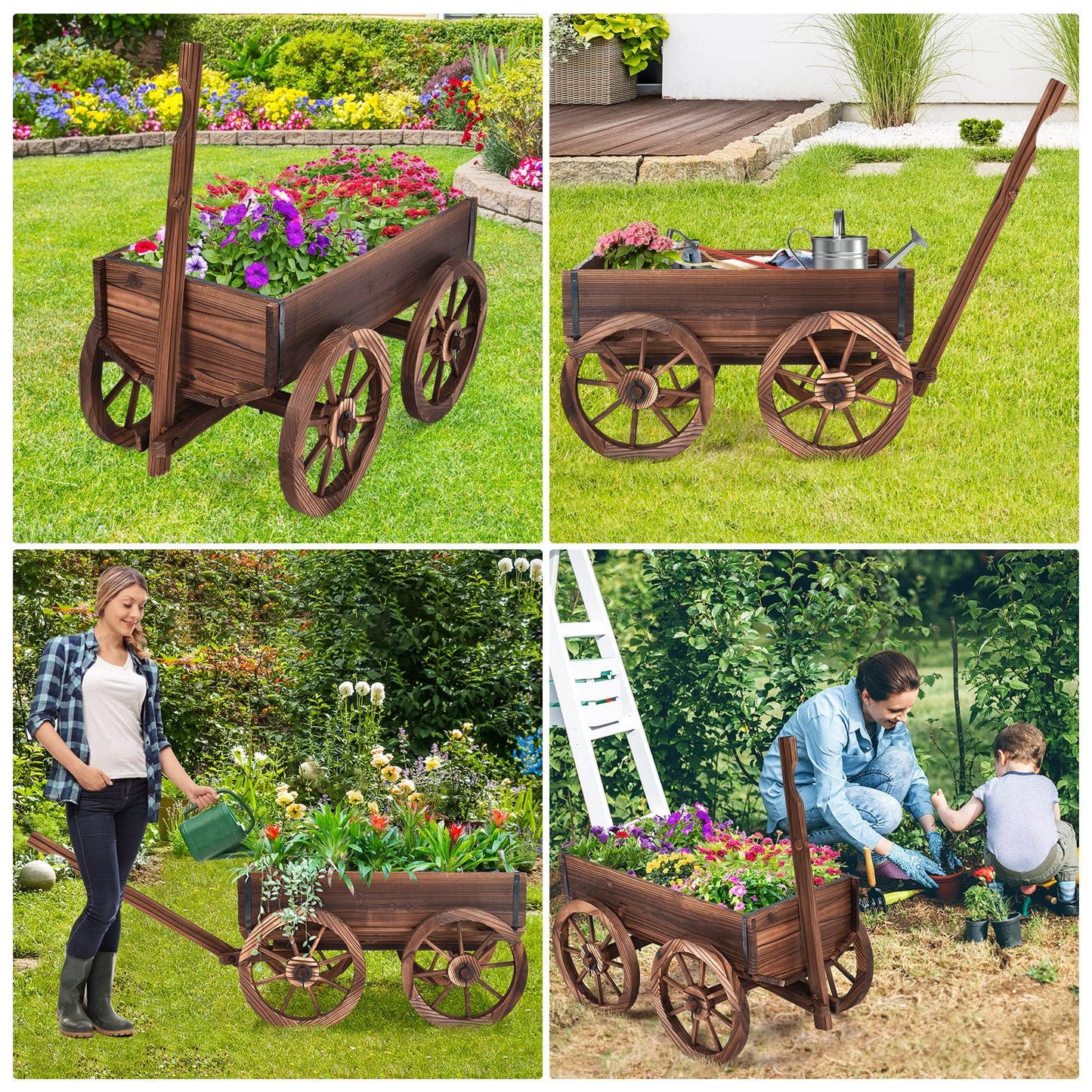 S AFSTAR Wooden Wagon, Wood Flower Planter Pot Stand with 4 Wheels & Drainage Holes, Amish Wagon Planter, Rolling Pot Stand Wood Wagon for Outdoor Plants Garden Decorative Garden Planter, Brown