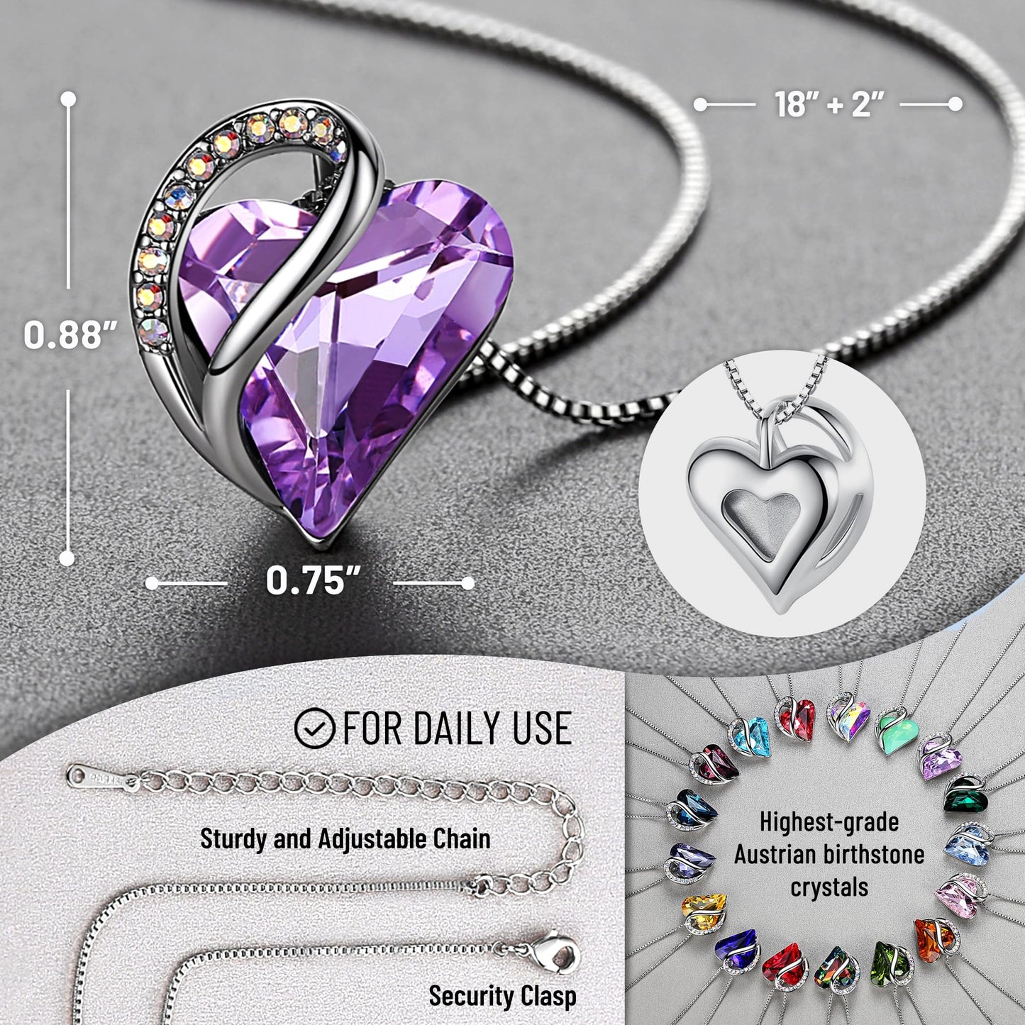Leafael Mothers Day Gift Necklaces for Women, Infinity Love Birthstone Heart Pendant, Alexandrite Light Purple Crystal for June, Birthday Jewelry for Her, Mom, Wife, Silver Plated, 18" + 2" Chain