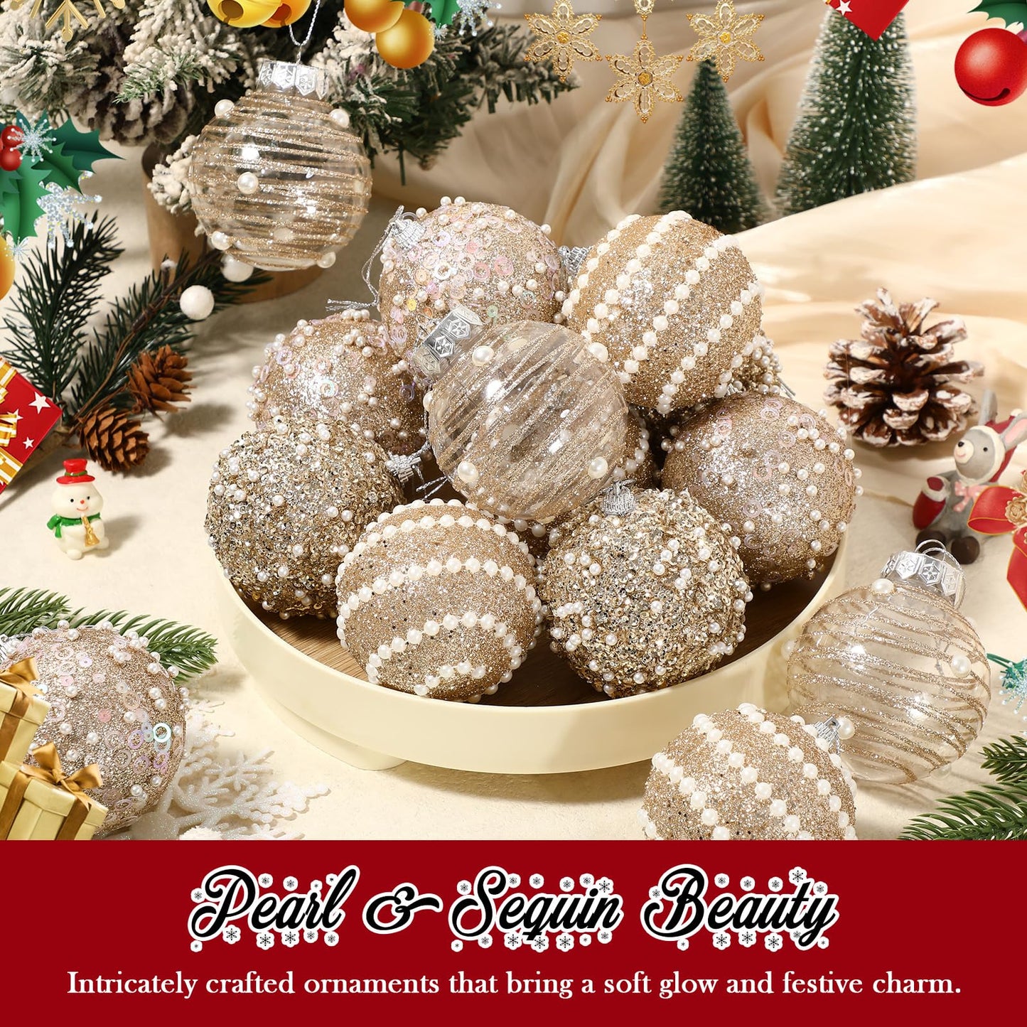 HyDren 16 Pcs Champagne Gold 2.76" Christmas Ball Ornaments Glitter Pearl & Sequin Christmas Ball Decorations Shatterproof Baubles Sparkling Pearl Shine Balls for Xmas Tree Birthday Halloween Wedding