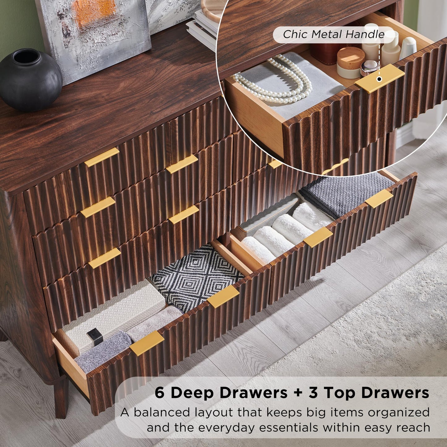 T4TREAM Fluted 9 Drawers Dresser, 54" Wide Modern Chest of Drawers, Curved Profile Design, Dresser TV Stand, Wood Drawer Organizer for Bedroom, Living Room, Hallway, Dark Walnut