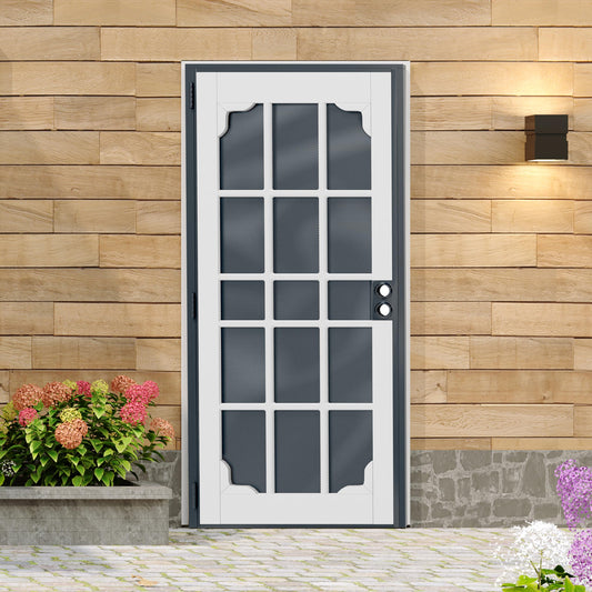 Lakenyon Steel Security Door, 32" x 80" Screen-Style Exterior Door, Electrophoretic E-Coated Steel & White Pine Wood Construction, Non-Handed, Bronze