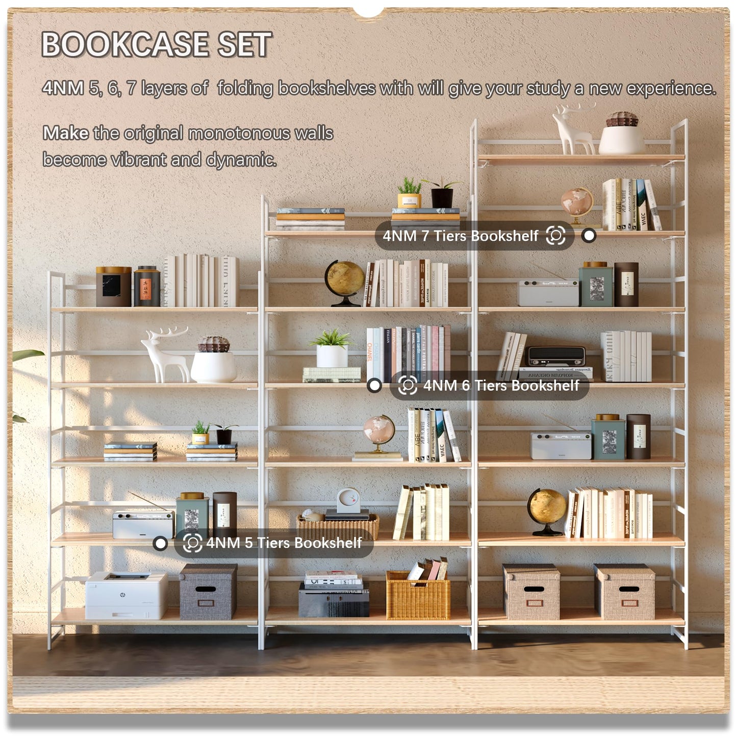 4NM No Assembly 6 Tiers Collapsible Book Shelves, 61.8" H Folding Bookshelf Bookcase Open Industrial Foldable Shelves for Bedroom, Living Room, Home Office - Natural White