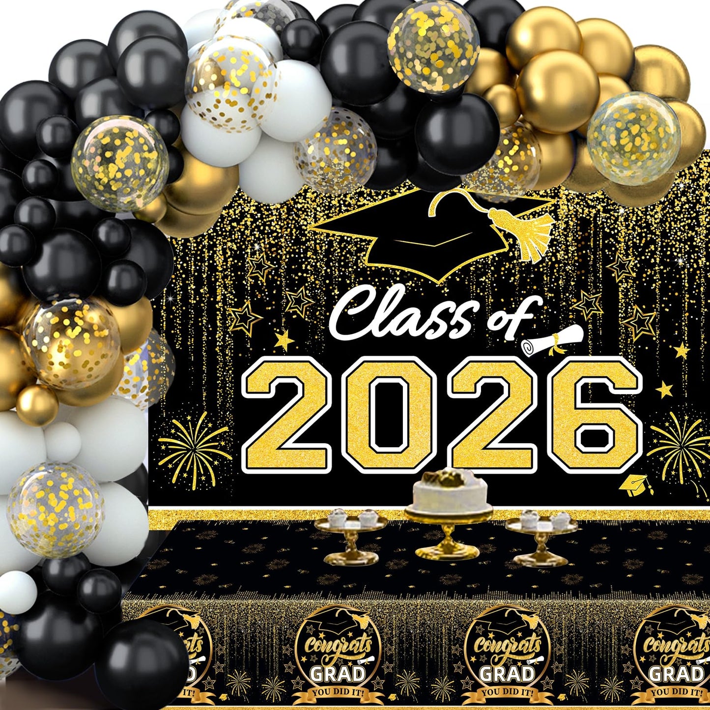 Graduation Decorations 2026, Black and Gold Balloon Garland Arch, Black and Gold Graduation Decorations with Congrats Grad Tablecloth and Class of 2026 Backdrop for High School College Grad Party