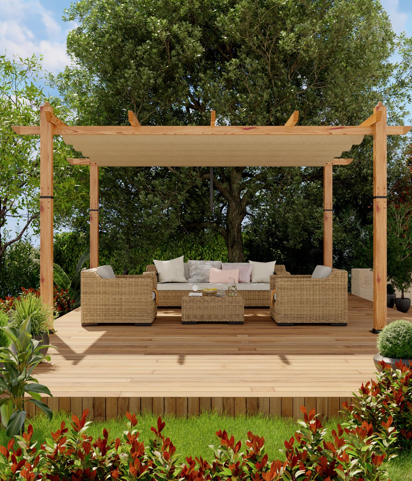 GarveeLife 10 x 13 ft Wood-Grain Aluminum Pergola Outdoor Pergola with Retractable Canopy Sun Shade Shelter for Garden, Patio, Backyard, Deck - Khaki