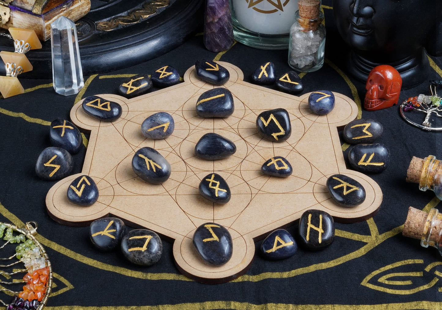 Crocon Blue Jade Rune Stones Set Engraved with Elder futhark Crystal Runes Set Reiki Healing runas for Meditation Chakra Balancing Stone for Beginners Crystal Guide & Pouch 15-20 mm