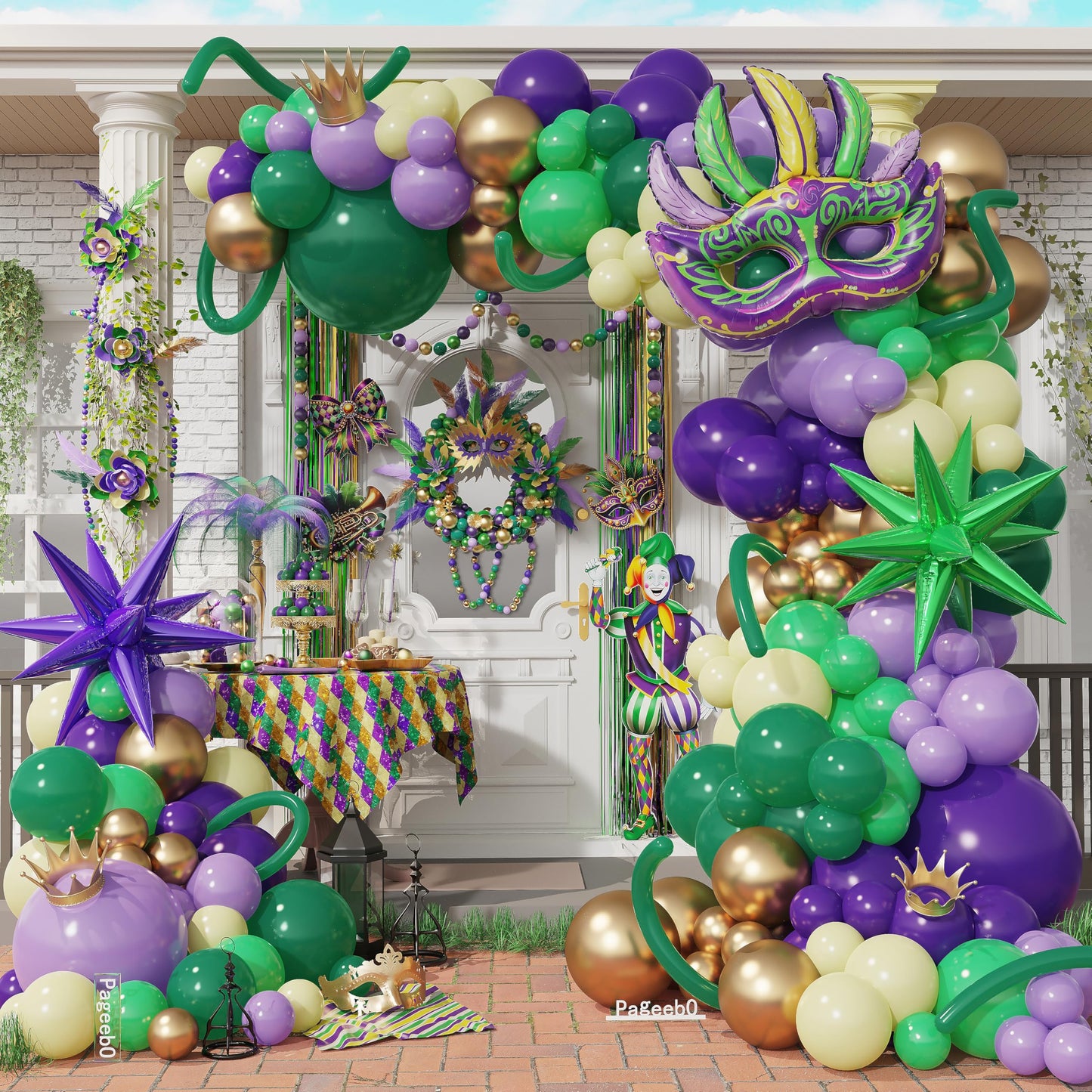 Mardi Gras Purple Green Yellow Gold Balloon Garland Arch Kit 156Pcs with Large Mardi Mask Explosion Star Foil Balloons for Carnival Birthday Masquerade Party Decorations Fat Tuesday Party Supplies