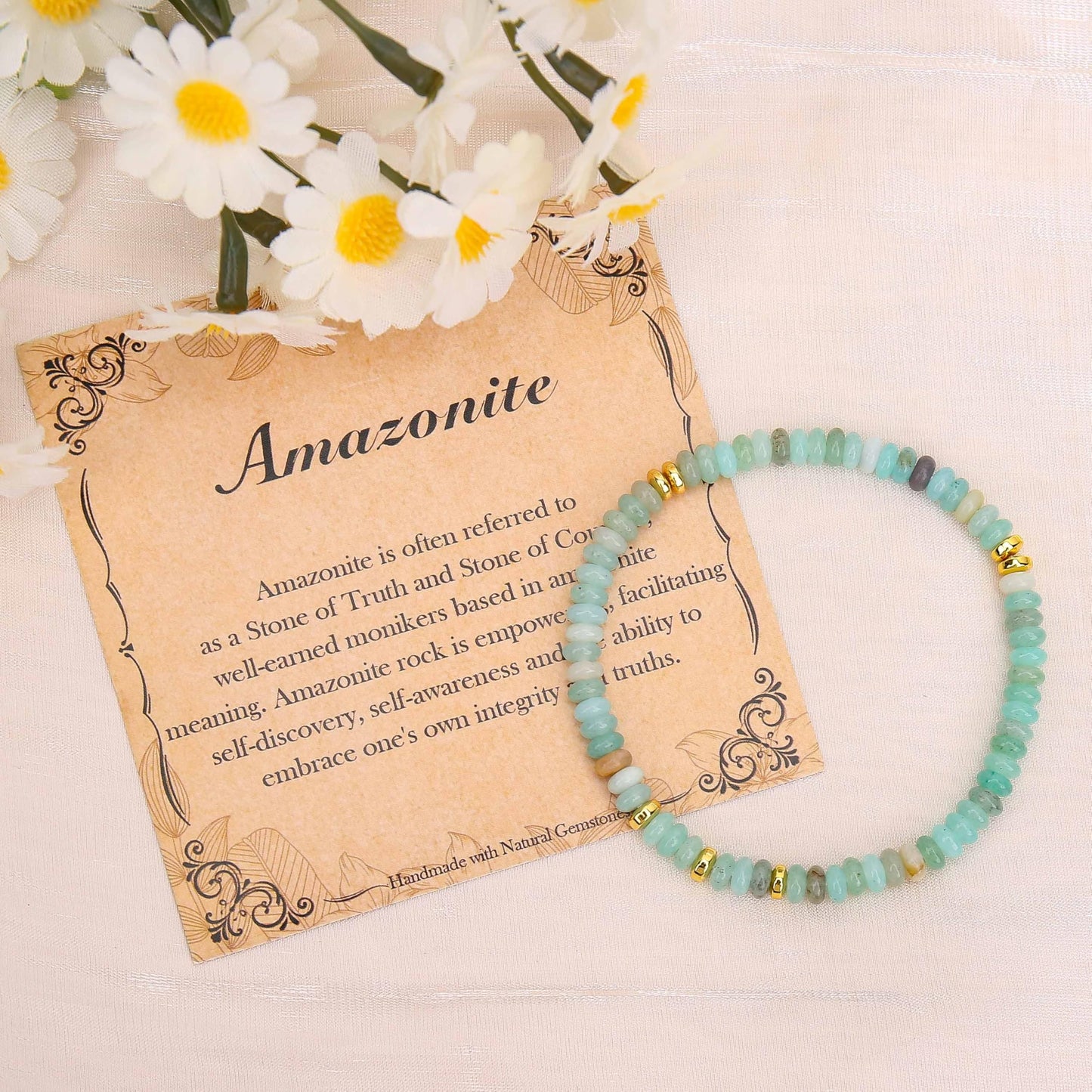 BONNY BOXX Natural 2 * 4mm Amazonite Rondelle Beads Bracelet for Unisex, Handcrafted Genuine Crystal Healing Gemstone Beaded Stretch Bracelet for Simple Jewelry Fashion Gifts