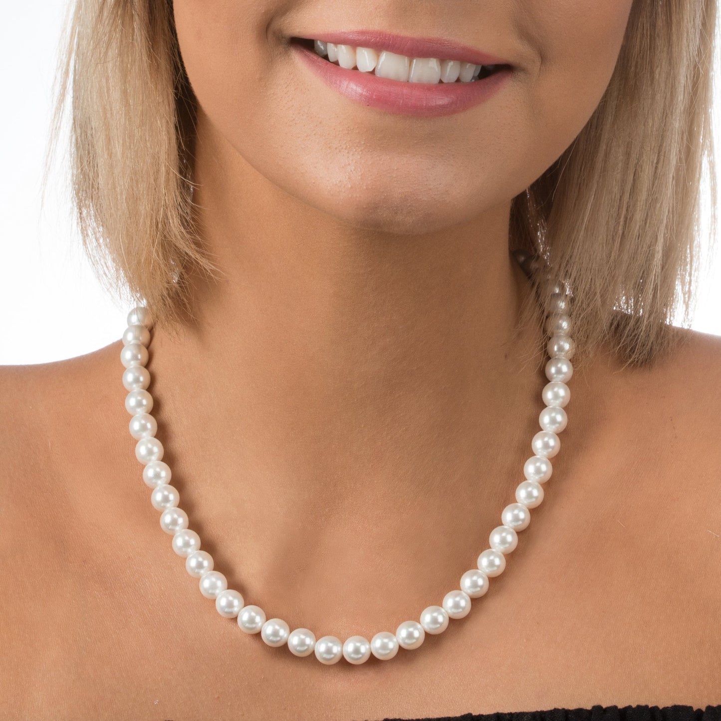 PAVOI 925 Sterling Silver Round White Simulated Shell Pearl Necklace Strand | Pearl Choker Necklace | Jewelry for Women - 18" Princess Length (8mm)