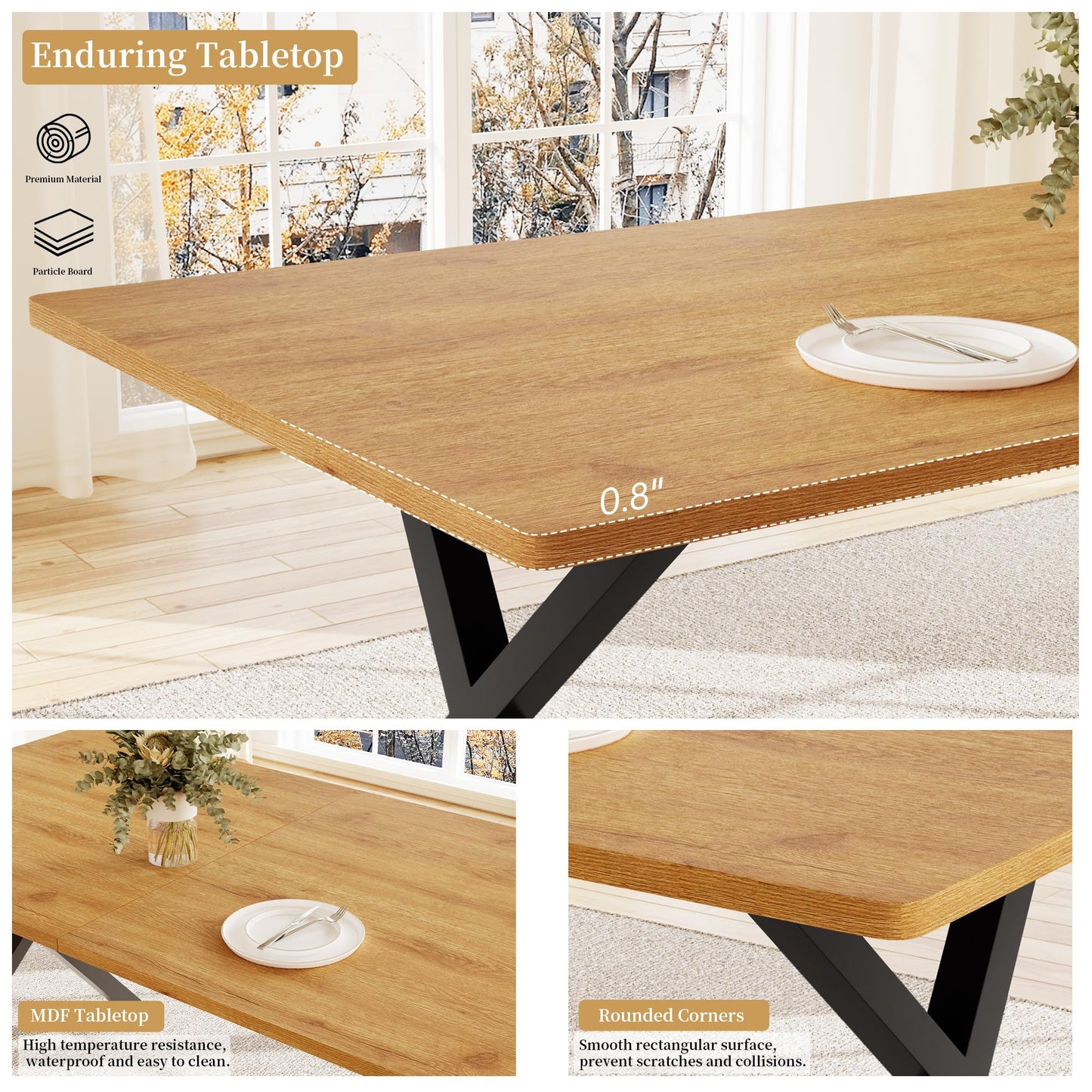 HIPIHOM 7-Piece Dining Table Set for 6 People, 63" MDF Kitchen Table with 6 Upholstered Chairs, Metal Legs for Dining Room, Kitchen(Oak Table+6 U-Shaped Brown Chairs)