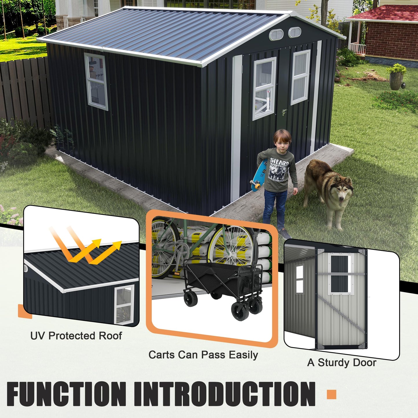 YOPTO 8x8 SF Outdoor Storage Shed,Metal Shed with Lockable Doors & 4 Daylight Windows,Garden Tool Shed w/Air Vents & Sloped Roof, Ideal for Backyard,Patio,Lawn,Dark Gray