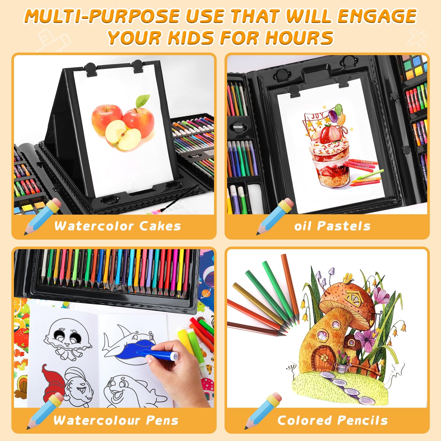 Art Supplies 332 Piece Drawing Art Kit Gifts for Girls Boys Kids Teens Gifts Art Set Case with Double Sided Trifold Easel, Stickers, Sketch Paper, Coloring Book, Pastels, Crayons, Pencils (Black)