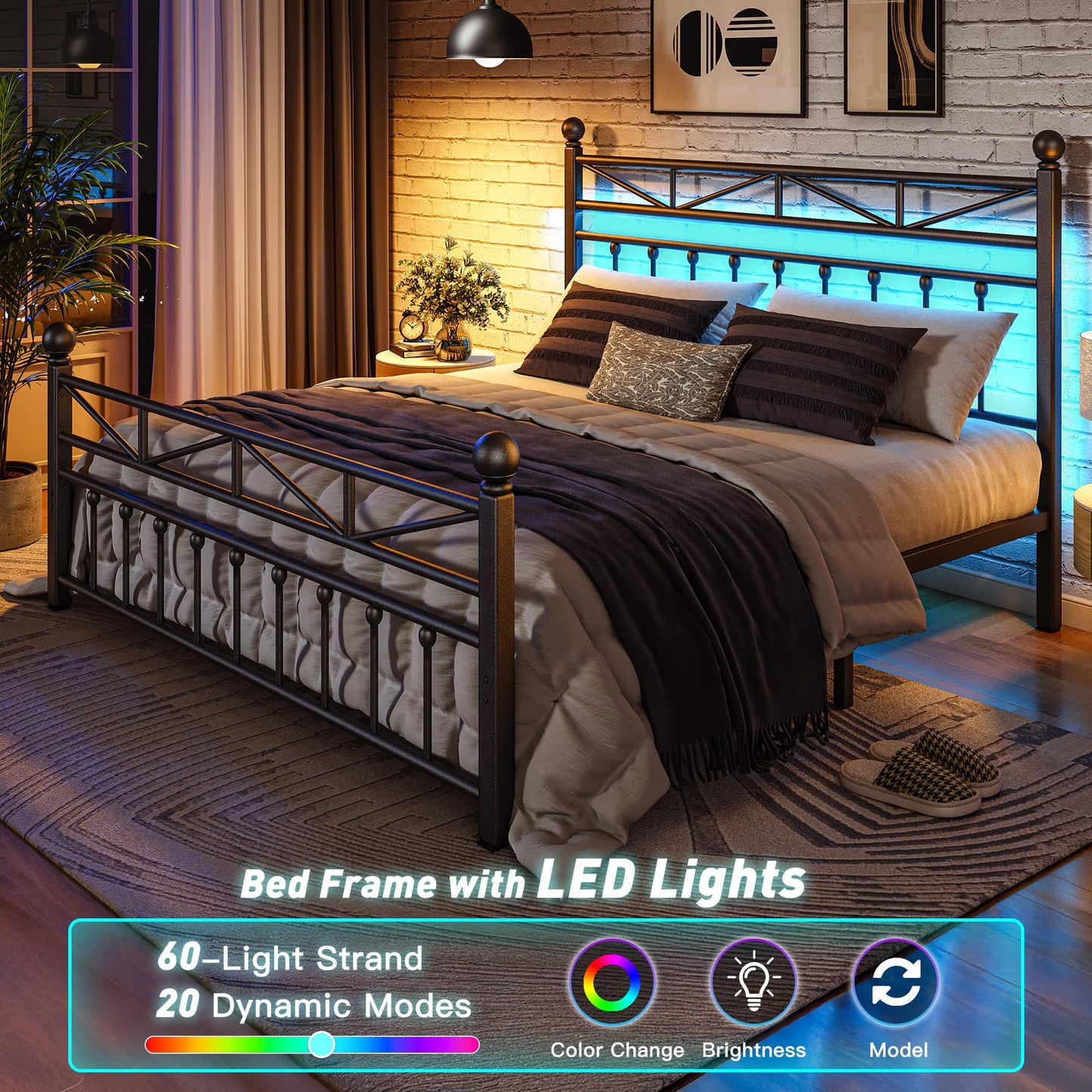 EnHomee 54" Metal King Bed Frame with Tall Headboard & Footboard, LED Light King Bed Frame, Strong Metal Slats Support and Noise-Free Design with Under Bed Storage/No Box Spring Needed/Black
