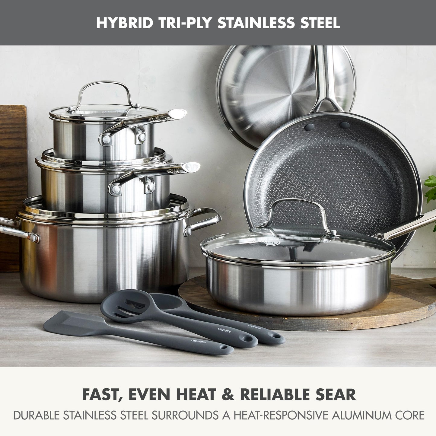 GreenPan Hybrid 13 Piece Nonstick Stainless Steel Cookware Set, APEX Tri-Ply Thermobond PFAS-Free Ceramic Pots & Pans, Induction & All Cooktop Compatible, Oven Temp to 850°F, Dishwasher Safe, Silver