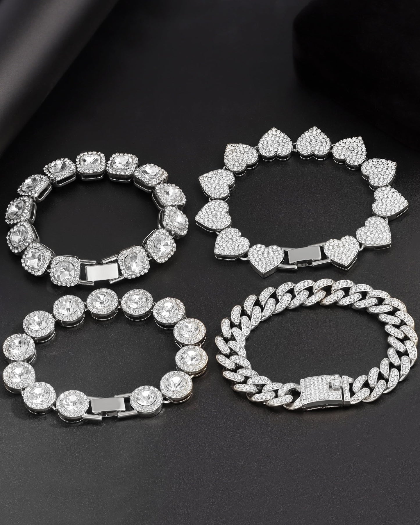shopbyskyler 4PCS Gold Silver Bracelets for Women Diamond Cuban Bracelet Layered Link Bracelet Set Fashion Jewelry (Silver, 8inch)