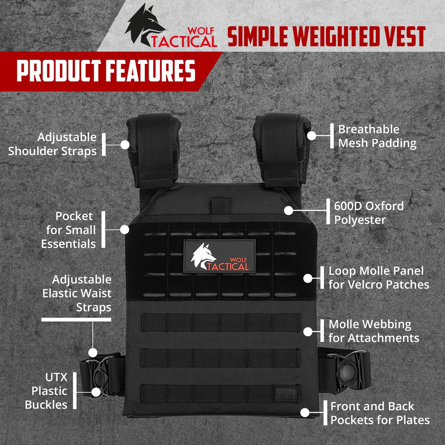Wolf Tactical Fitness Weighted Vest Men Women - Adjustable Weight, Rucking, Black