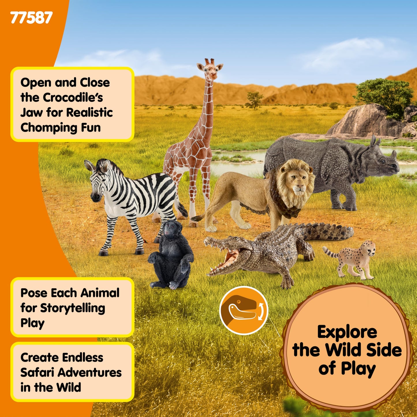 Schleich Wild Life - 7PC Savannah Animal Toy Bundle - Safari Toy Set with Rhino, Crocodile, Cheetah Cub, Monkey, Elephant, Zebra, Giraffe, Lion Figurines - Educational Play for Kids 3+ | 77587