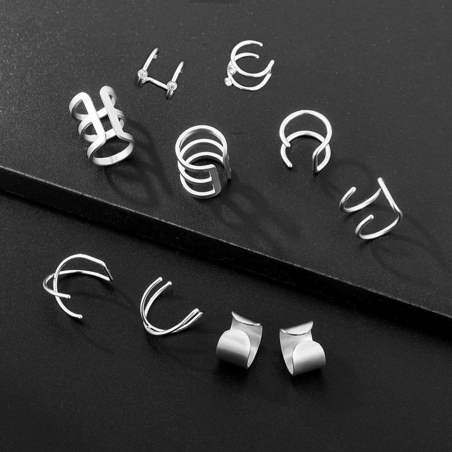 Tornito 4-10 Pairs Stainless Steel Ear Cuff Helix Cartilage Clip On Wrap Earrings Fake Nose Ring Non-Piercing Adjustable (A0:10 Pairs, Silver)