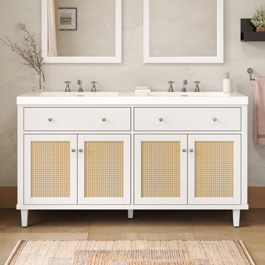 Christopher Knight Home Heli 60" Modern Double Bathroom Vanity with Sink Combo Set, Modern Freestanding Bathroom Sink Cabinet with Drawer, Bathroom Storage Cabinet with Sink Combo, White +Natural