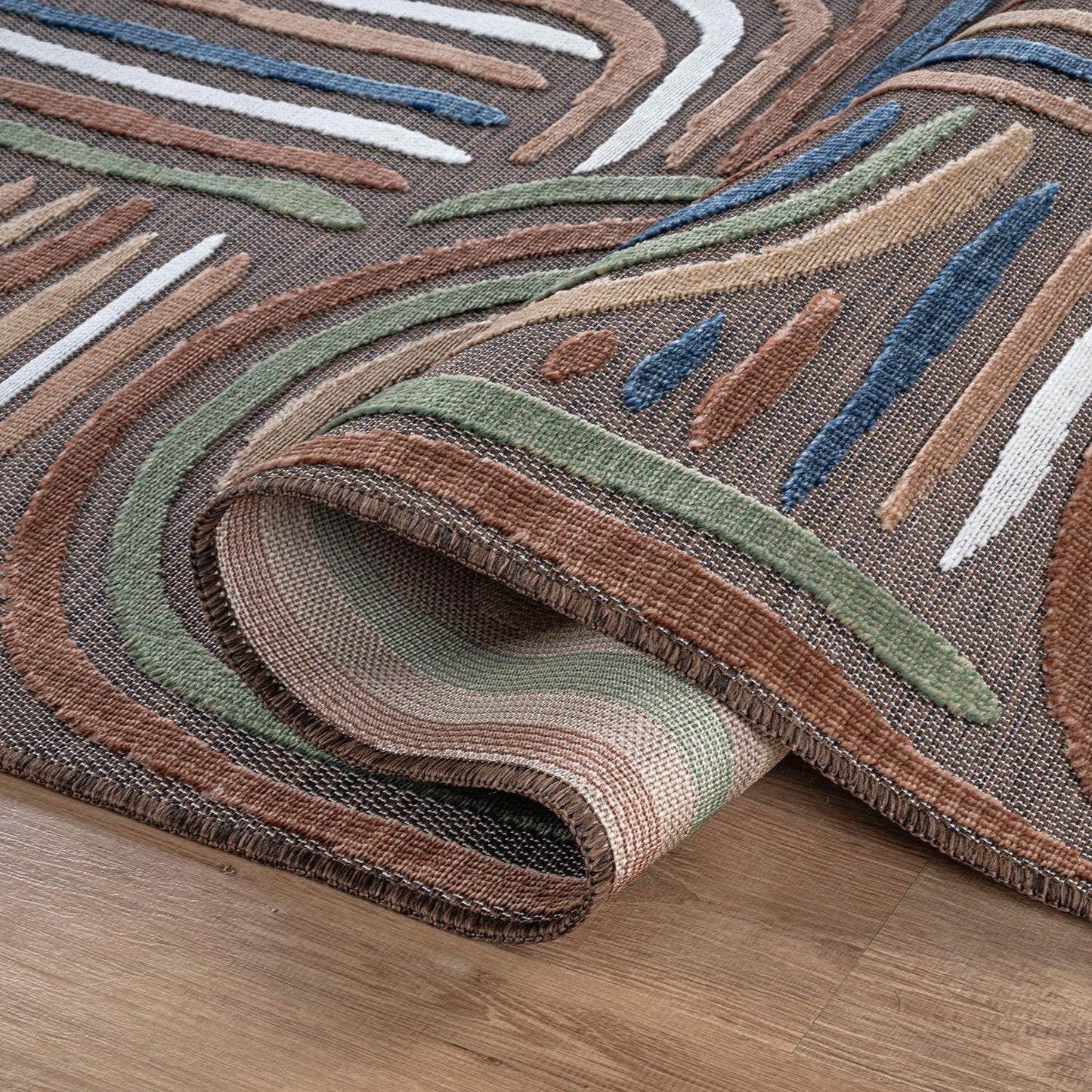 CAMILSON Indoor Outdoor Rug, Brown 5x7 Geometric Arch Striped Area Rugs for Patio and Home Areas, Easy-Cleaning Non-Shedding Living Room, Garden and Deck Washable Outside Carpet (5 x 7)