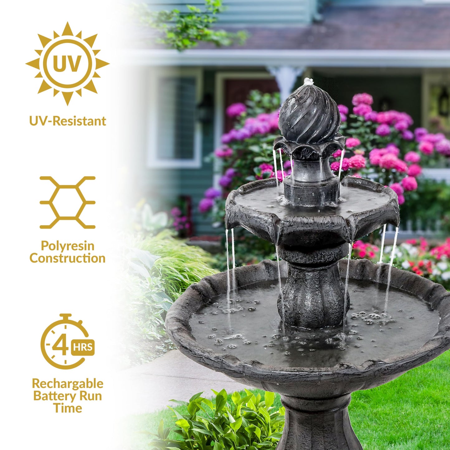 Sunnydaze 35" Solar 2-Tier Outdoor Water Fountain - Outdoor Water Fountain with Battery Backup and Pump - Black