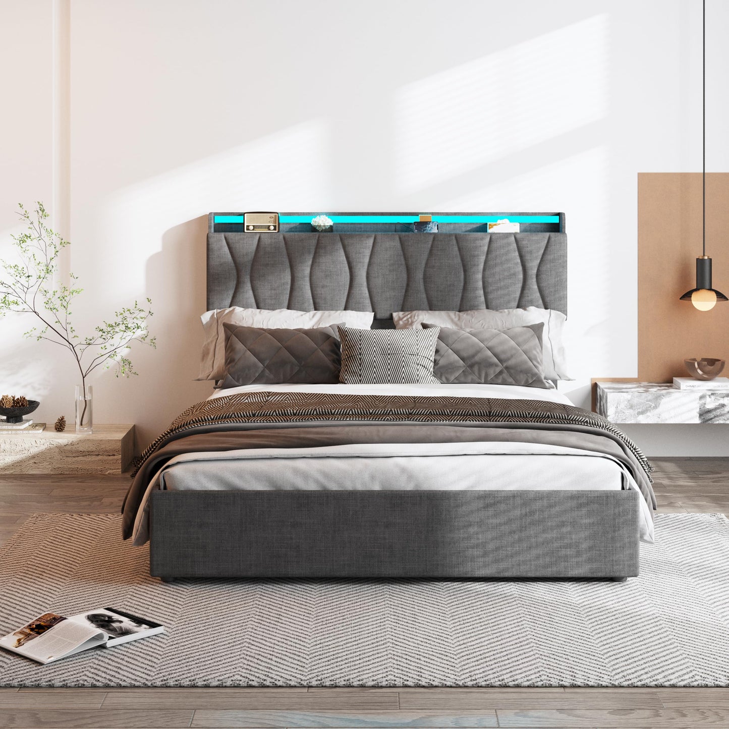 Fameill Full Size Lift Up Storage Bed Frame, Height Adjustable Storage Headboard with Charging Station, LED Lights Upholstered Platform Bed, Wooden Slat, No Box Spring Needed, Noise-Free, Dark Grey