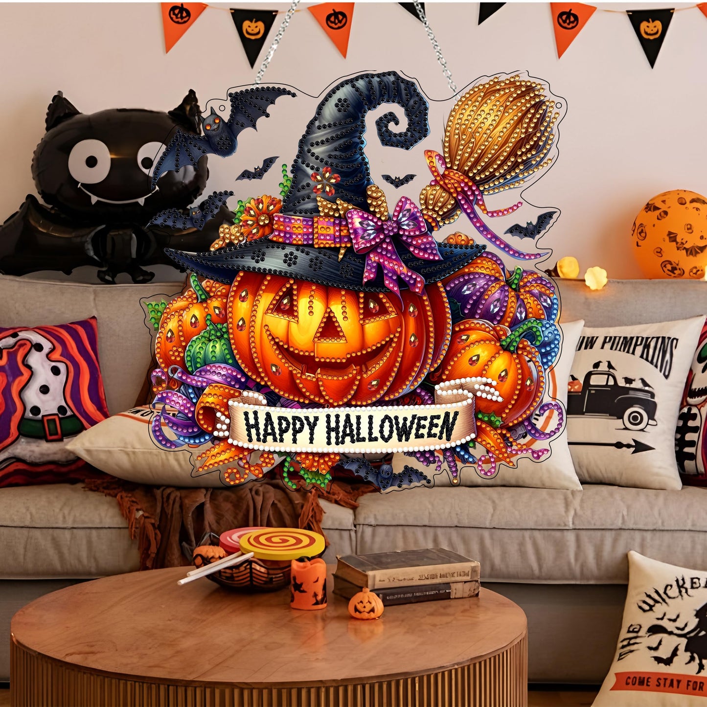 JJFox DIY Acrylic Diamond Art Painting Wreath Kits Special Shaped Rhinestone Diamond Art Window Pendants Home Garden Wall Hanging Kits Hanging Ornament (Happy Halloween)