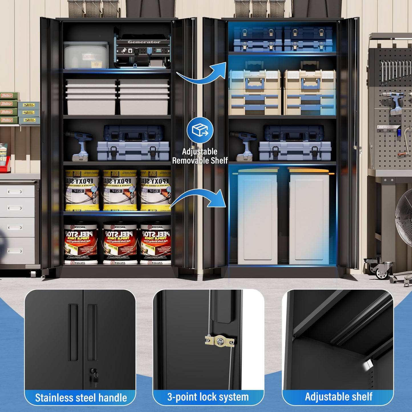 Greenvelly Metal Storage Cabinet, 72" Black Locking Metal Cabinet with 2 Doors and 4 Adjustable Shelves, Lockable Garage Storage Cabinets for Home Office, Garage, Kitchen, Living Room