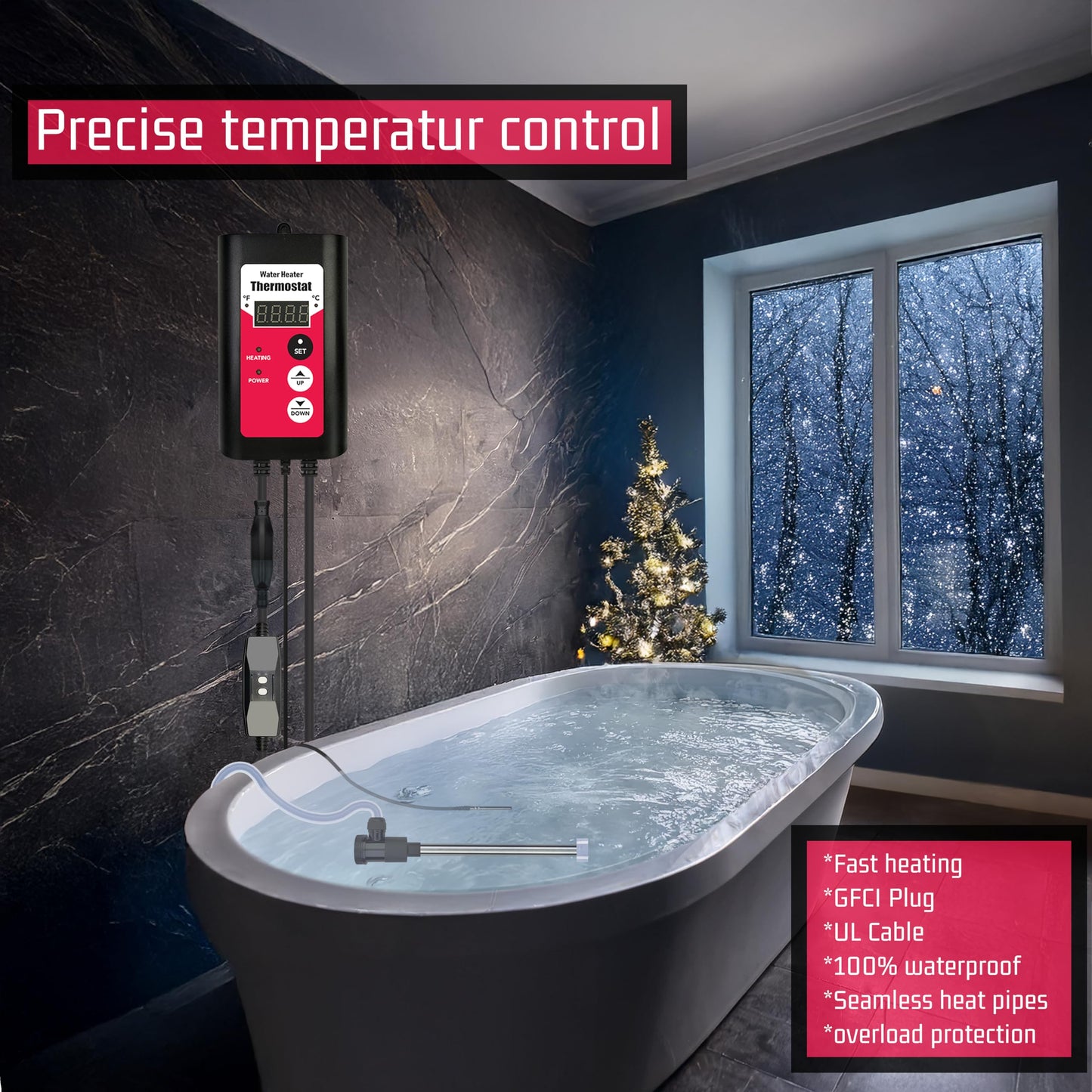 YLboyLIAN 1500W Titanium Submersible Electric Immersion Water Heater with Temp Control & GFCI – Portable Heater for Hot Tubs, Above-Ground Pools, Swimming Pool, baptismal Pools, Spa & Inflatable Pools