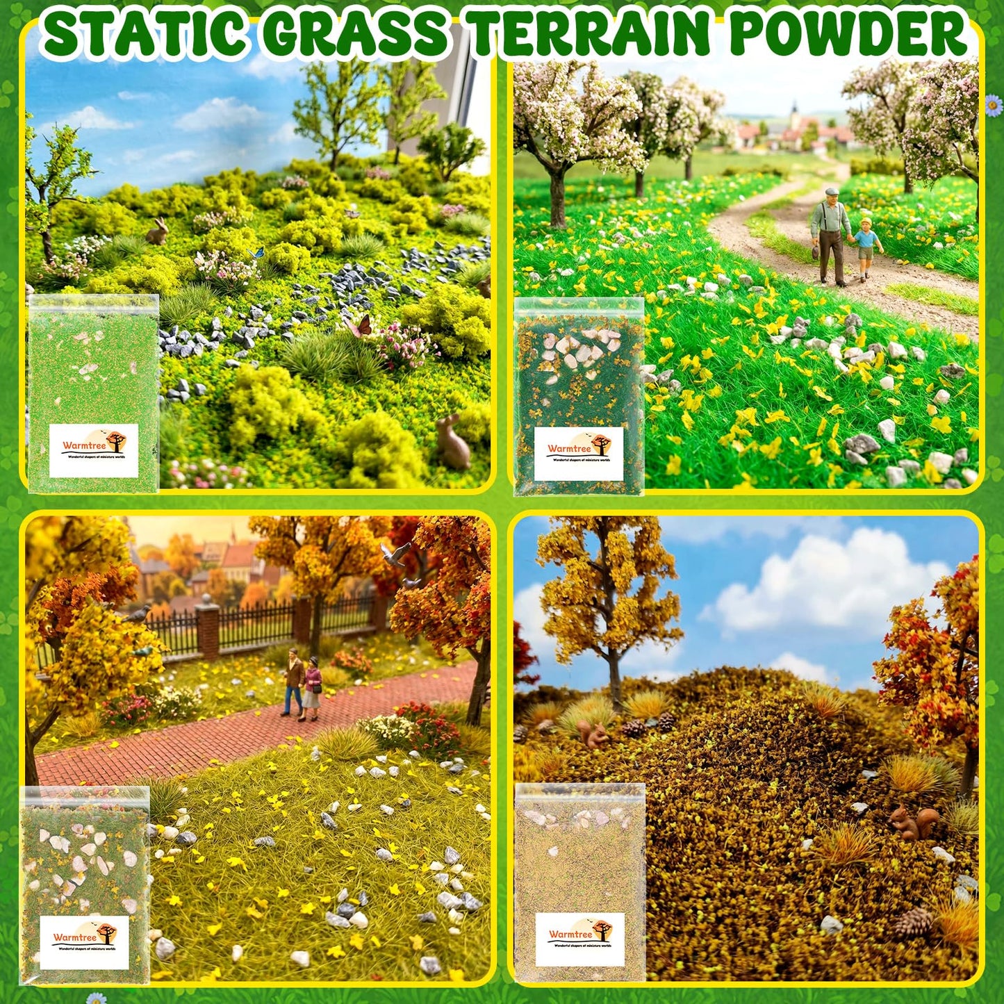 Warmtree 4 Pcs Static Grass Flock Stone Scenery Terrain Kit, Model Rock Gravel Ground Grass Miniature Scene DIY Figurine Landscape Terrain Grass for Model Railway, Fairy Gardens, Dioramas Supplies
