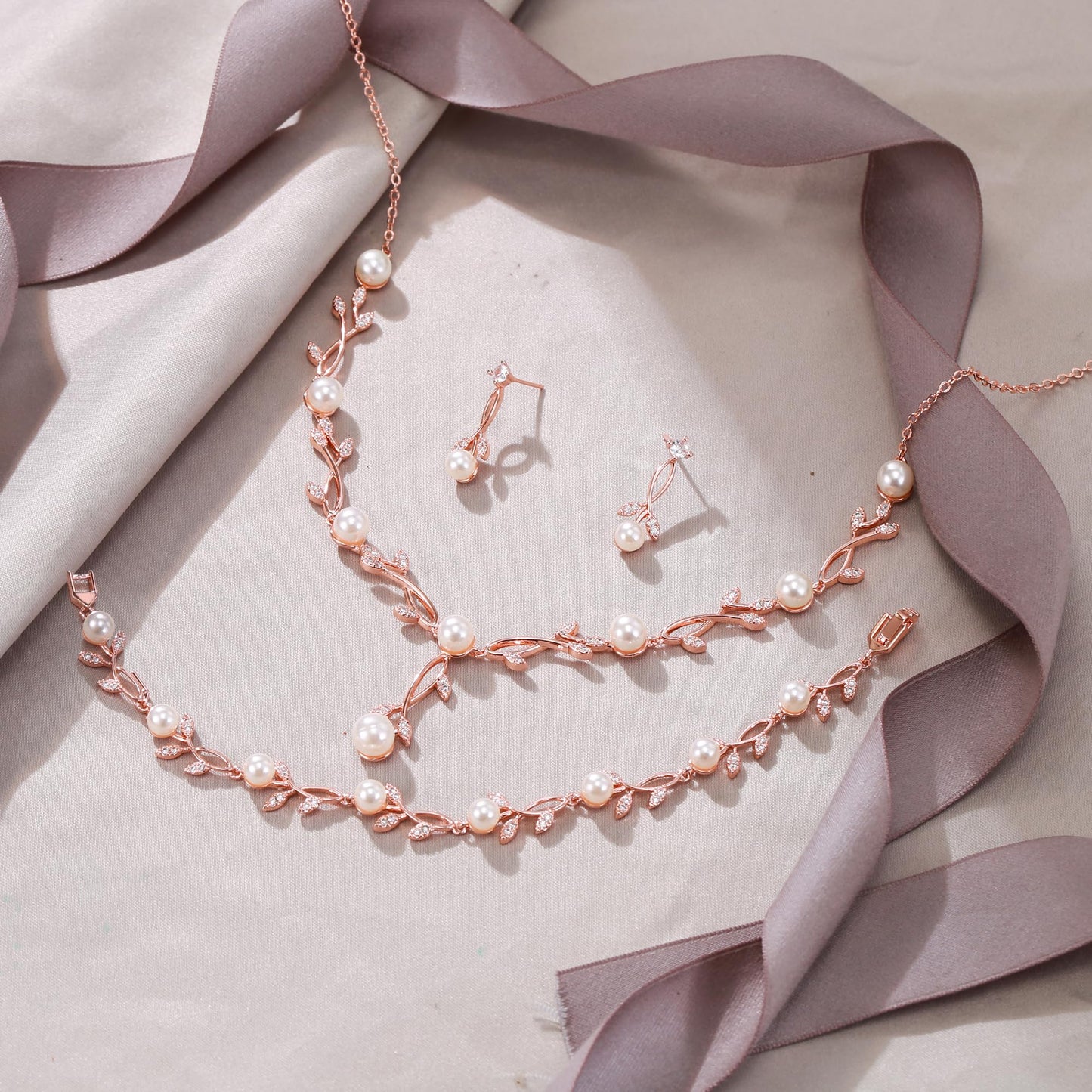EVER FAITH Wedding Jewelry Sets for Bride Bridesmaids, Rose Gold-Plated-Brass White Cubic Zirconia Simulated Pearl Leaf Bridal Party Necklace Earrings Bracelet Set for Women