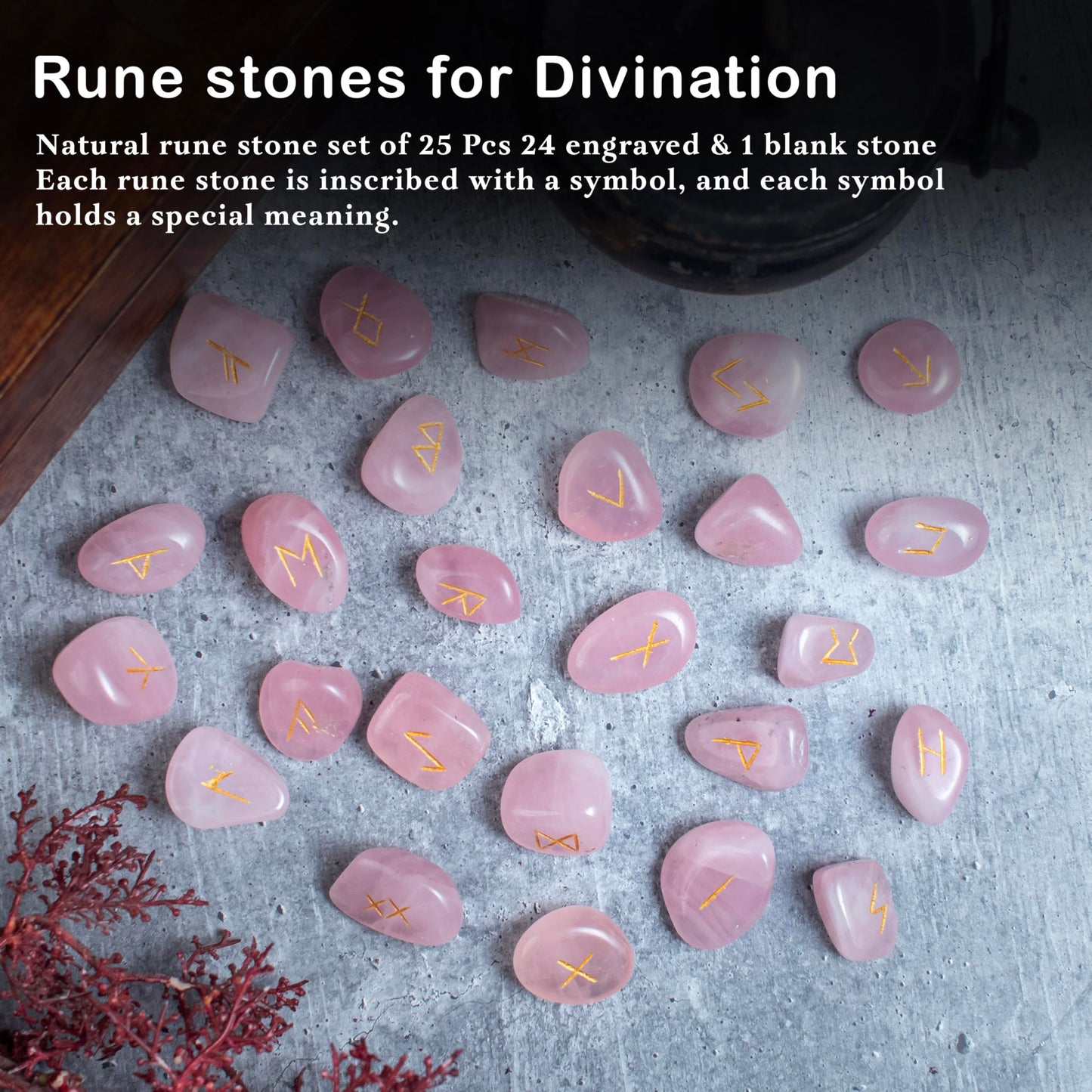 Crocon Rose Quartz Gemstone Rune Stone with Elder Futhark Alphabet Engraved Symbol 25 pcs Set for Feng Shui Reiki Crystal Healing Chakra Balancing Gift Home Decor Size: 15-20 mm