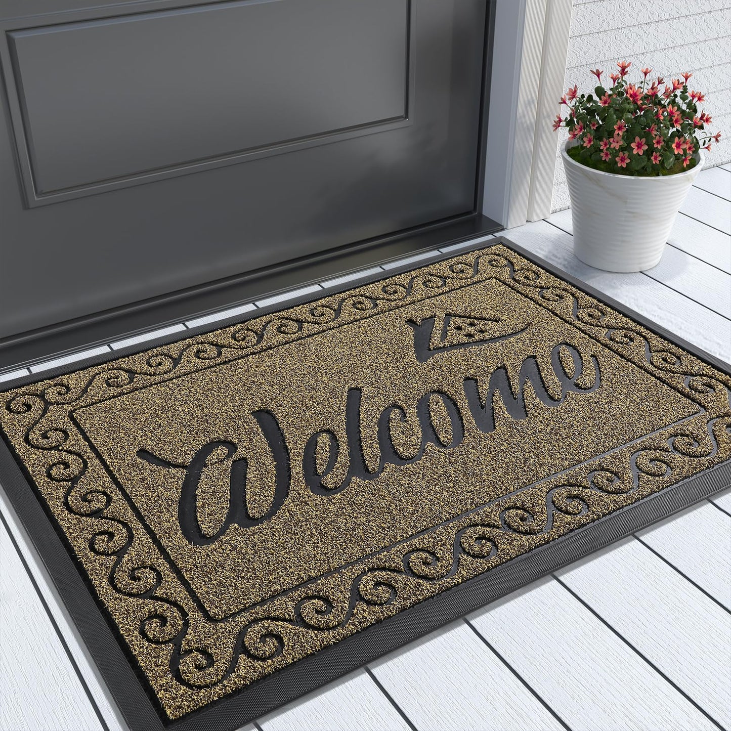 Yimobra Welcome Front Door Mat, Heavy Duty Easy Clean Doormat Indoor Outdoor, Waterproof Quick Dry Floor Mat for Home, Garage, Hign Traffic Areas, Non Slip, Low Profile, 29.5X17 Inches, Beige Brown