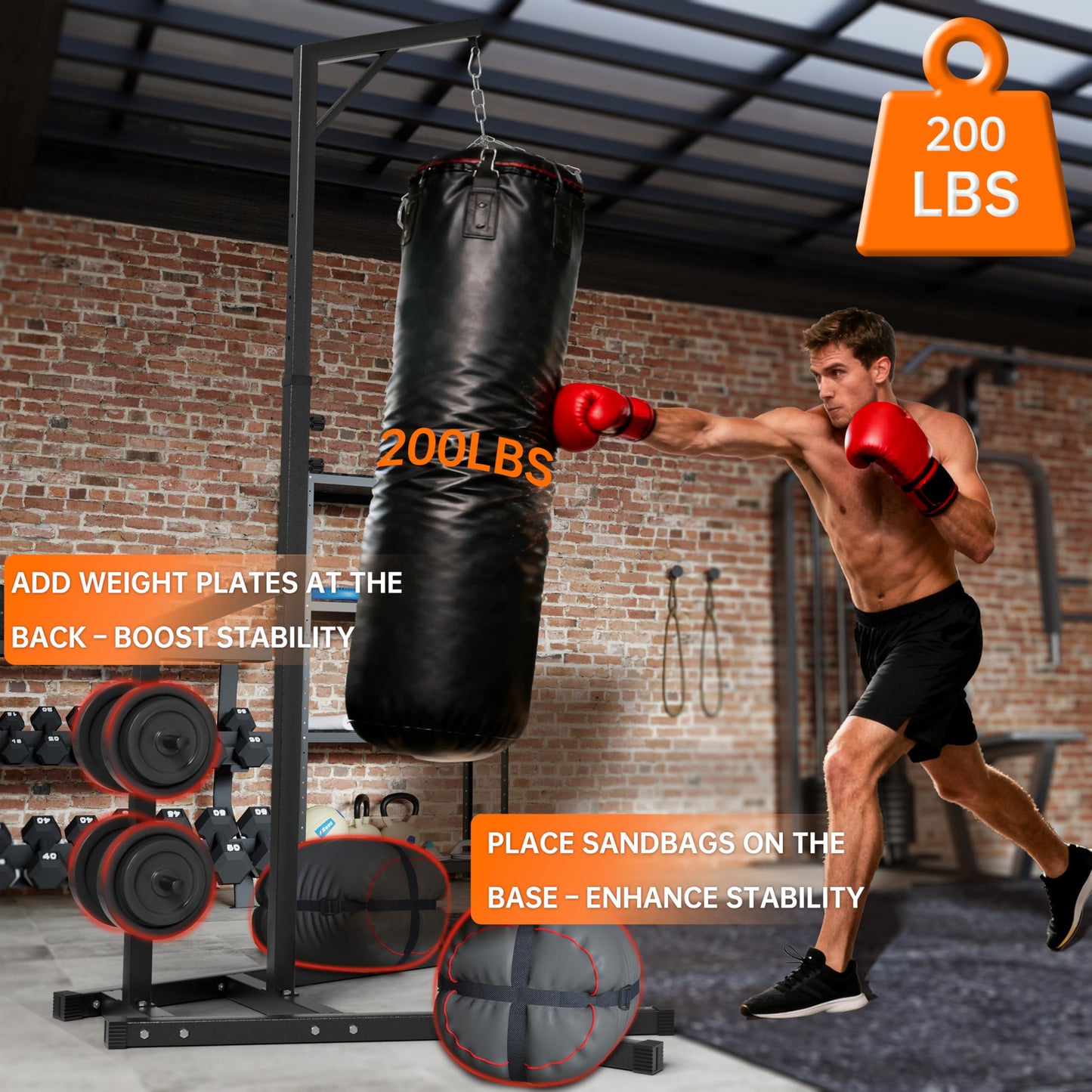 Heavy Duty Height Adjustable Heavy Bag Stand, 50 x50mm Steel Boxing Bag Stand with Weighted Base, Freestanding Punching Bag Holder for Home & Gym
