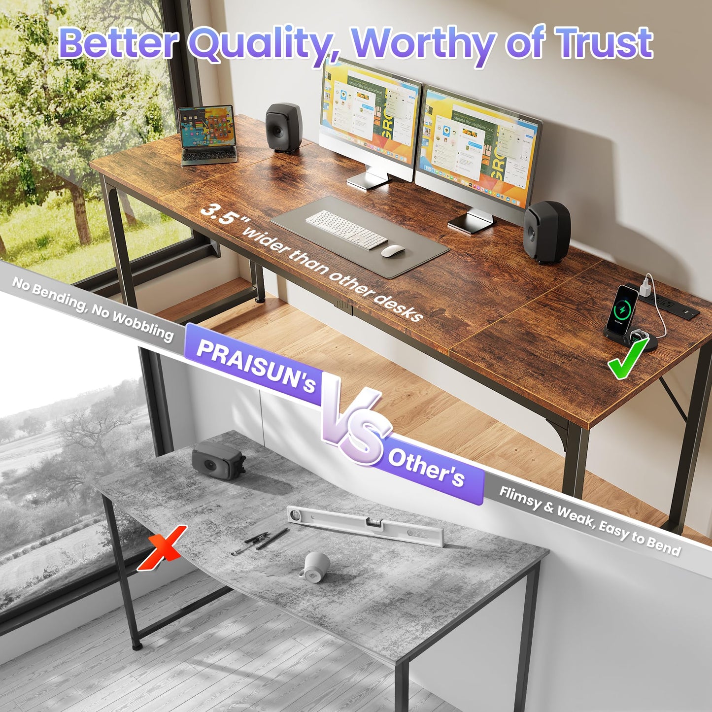 PRAISUN 80 X 24 Inch Office Computer Desk with Power Outlets and USB-C Port, Larger and Longer Gaming Desk, for Home Office, Study, Writing Work from Home Table, Metal Frame, Rustic Brown