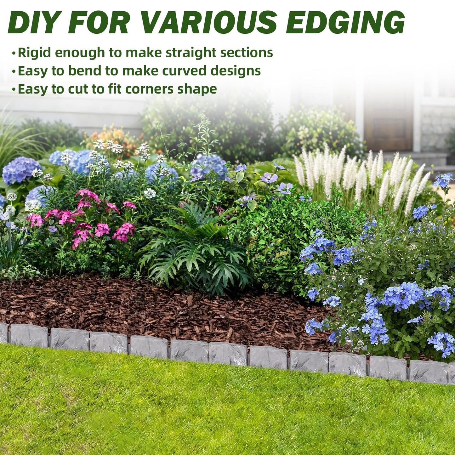 Landscape Edging Faux Stone Garden Edging Border,17FT x 2.75 in Tall Decorative Stone-Look Garden Border for Flower Bed Edging,Lawn,Landscaped Yard,Trees and Gardens,with Anchoring Spikes,Gray