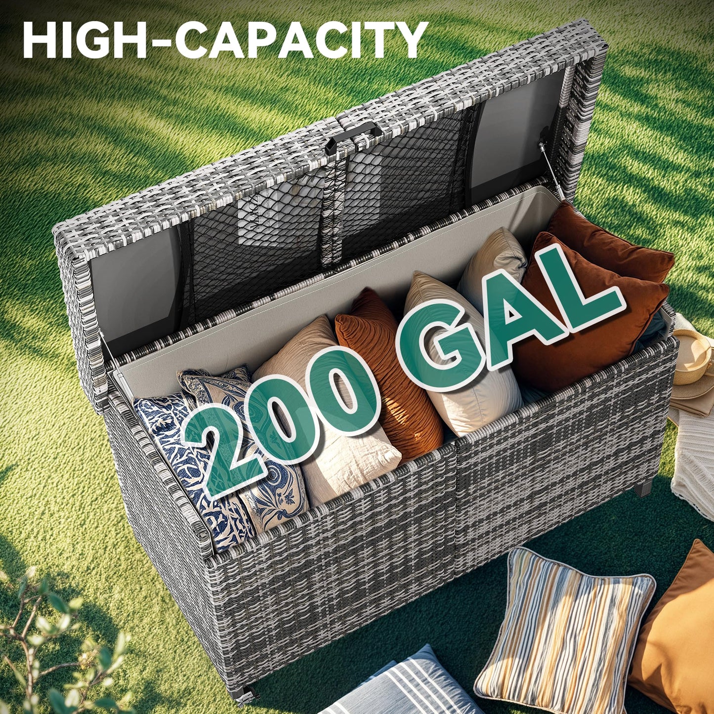 YITAHOME 200 Gallon Outdoor Storage Box w/Storage Net, Rattan XL Outdoor Deck Box, Patio Cushion Storage, Outside Storage Box for Patio Furniture, Garden Tools, Pool Sports Equipment (Grey)