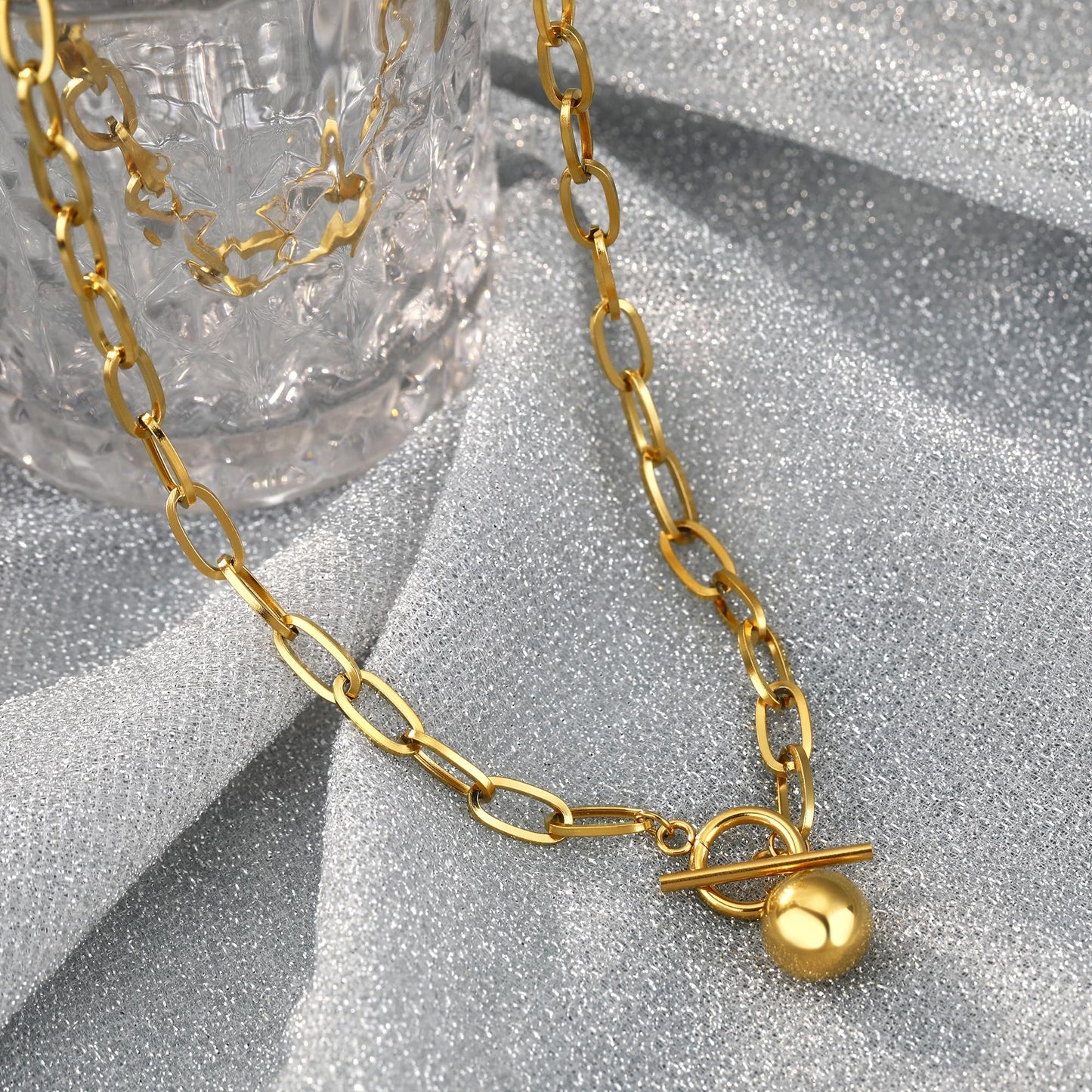 BONJOULRY Chunky Gold Necklace for Women, 18K Waterproof Heart Necklace Statement Necklace Gold Charm Necklace Chunky Jewelry Paperclip Chain Choker Gift for Women (Golden Ball)