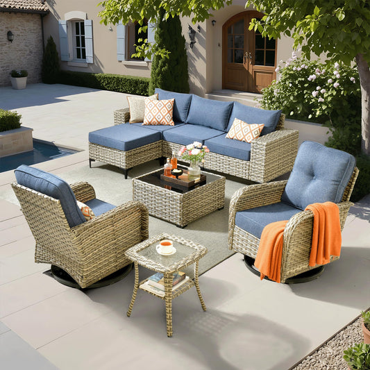 ovios 8-Piece Patio Furniture Outdoor Sectional Sofa Couch with Rocking Swivel Chairs Deep Seat Chaise Comfy Cushions, Modern Modular Wicker Rattan Conversation, Denim Blue