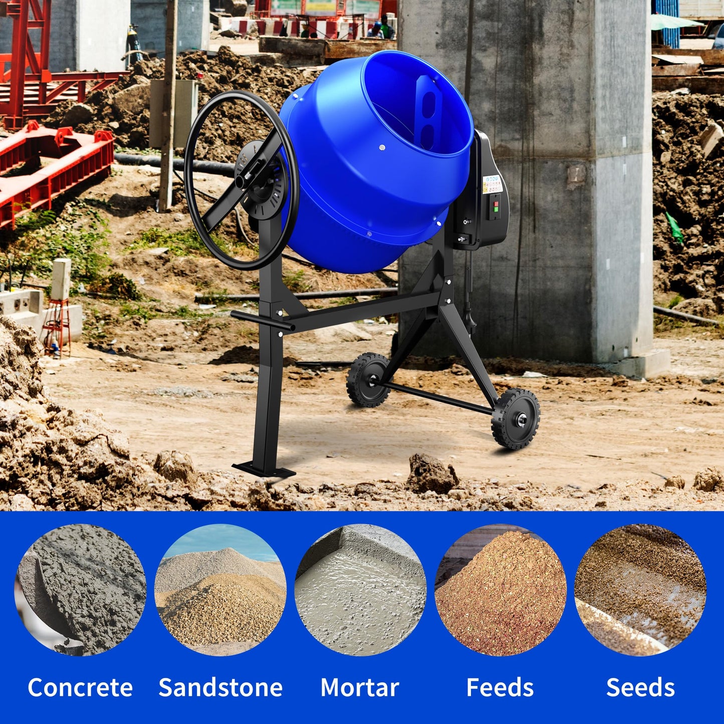 BSMTEK 4.3 Cubic Ft Electric Concrete Mixer, 3/5HP, 450W Portable Concrete Mixer Machine with Stand And Wheels for Stucco, Mortar, Seeds (Blue)