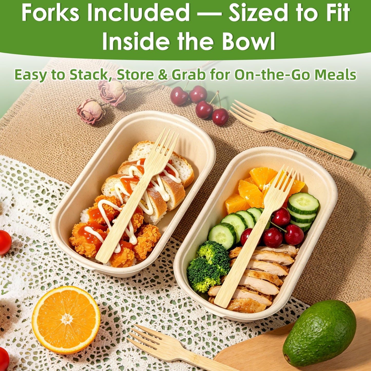 FEHHTO 50-Pack 30oz Disposable Meal Prep Containers with Lids, Sugarcane Pulp Compostable Food Containers + 50 Bamboo Forks, To-Go Food Containers, Microwave & Freezer Safe for Hot or Cold Foods