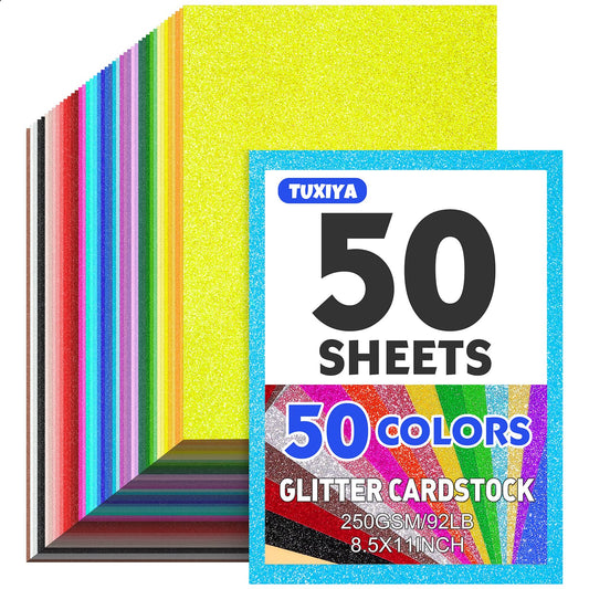 50 Sheets 8.5" X 11" Glitter Cardstock,50 Assorted Colors 250GSM/92LB Glitter Card stock,No-Shed Sparkly Glitter Paper for Arts and Crafts, Decorative, Card Making, Scrapbooking, DIY Projects