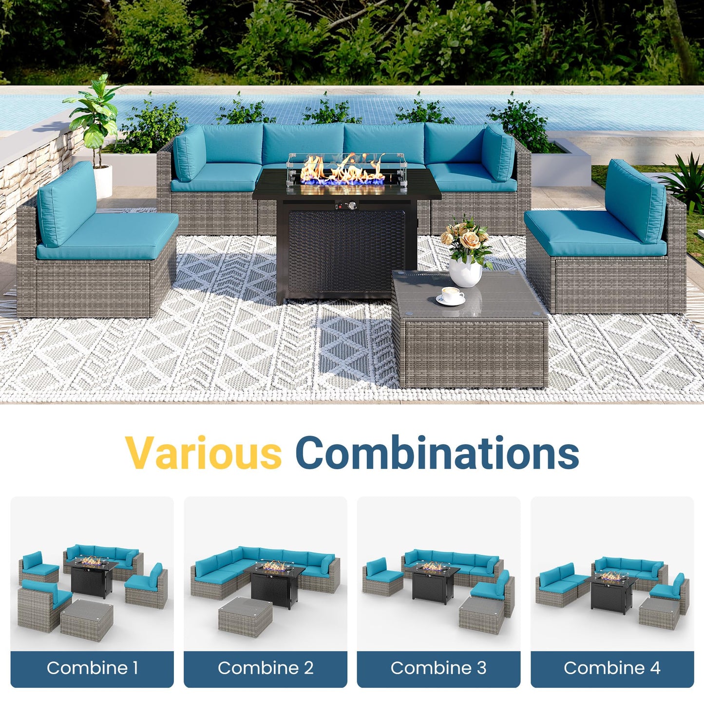 Wisteria Lane 8 Pieces Outdoor Patio Furniture Set with 43" Fire Pit Table, Wicker Outdoor Patio Sectional Sofas with Coffee Table, All-Weather Patio Conversation Set for Backyard Garden, Light Blue