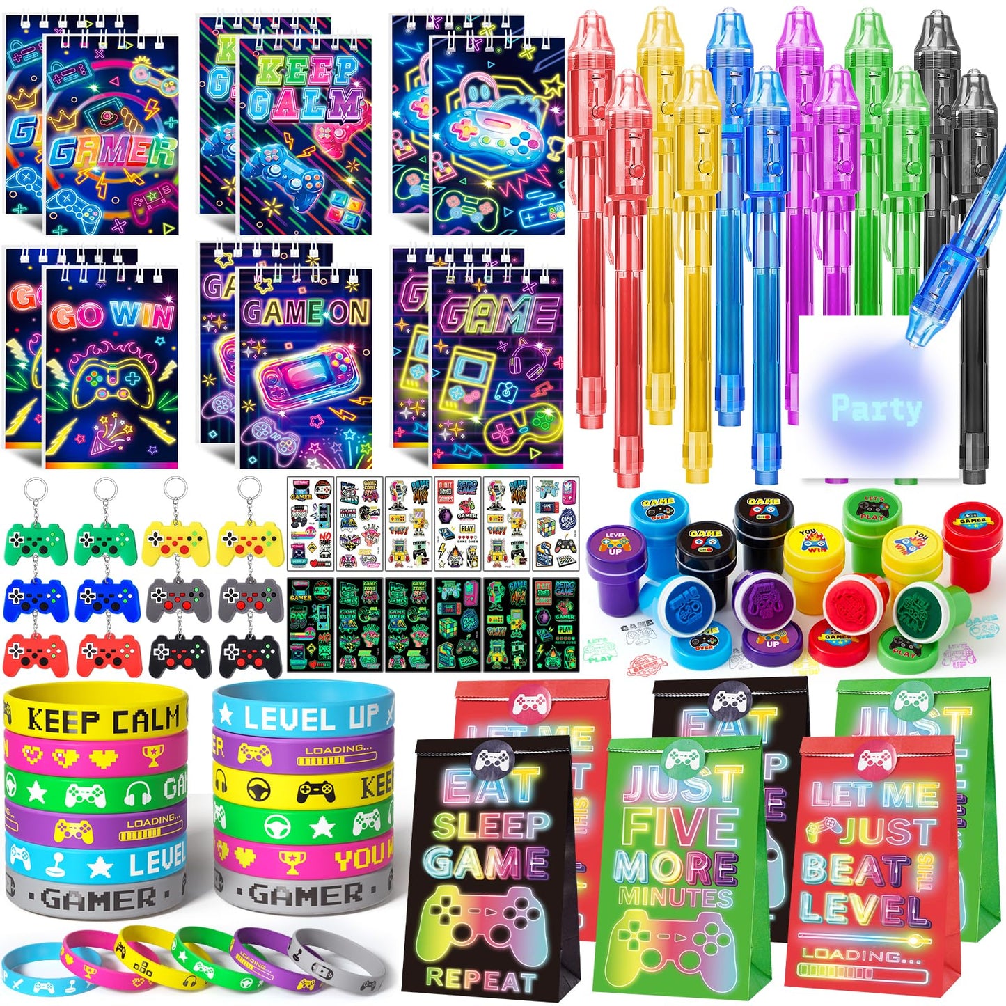 SNLN Video Game Party Favors Gamer Birthday Supplies Kids Notebook Invisible Ink Pen Paper Bag Silicone Bracelet Stamper Keychain Glow Tattoo Sticker Gaming Game On Party Favors Goodie Stuffers Decor
