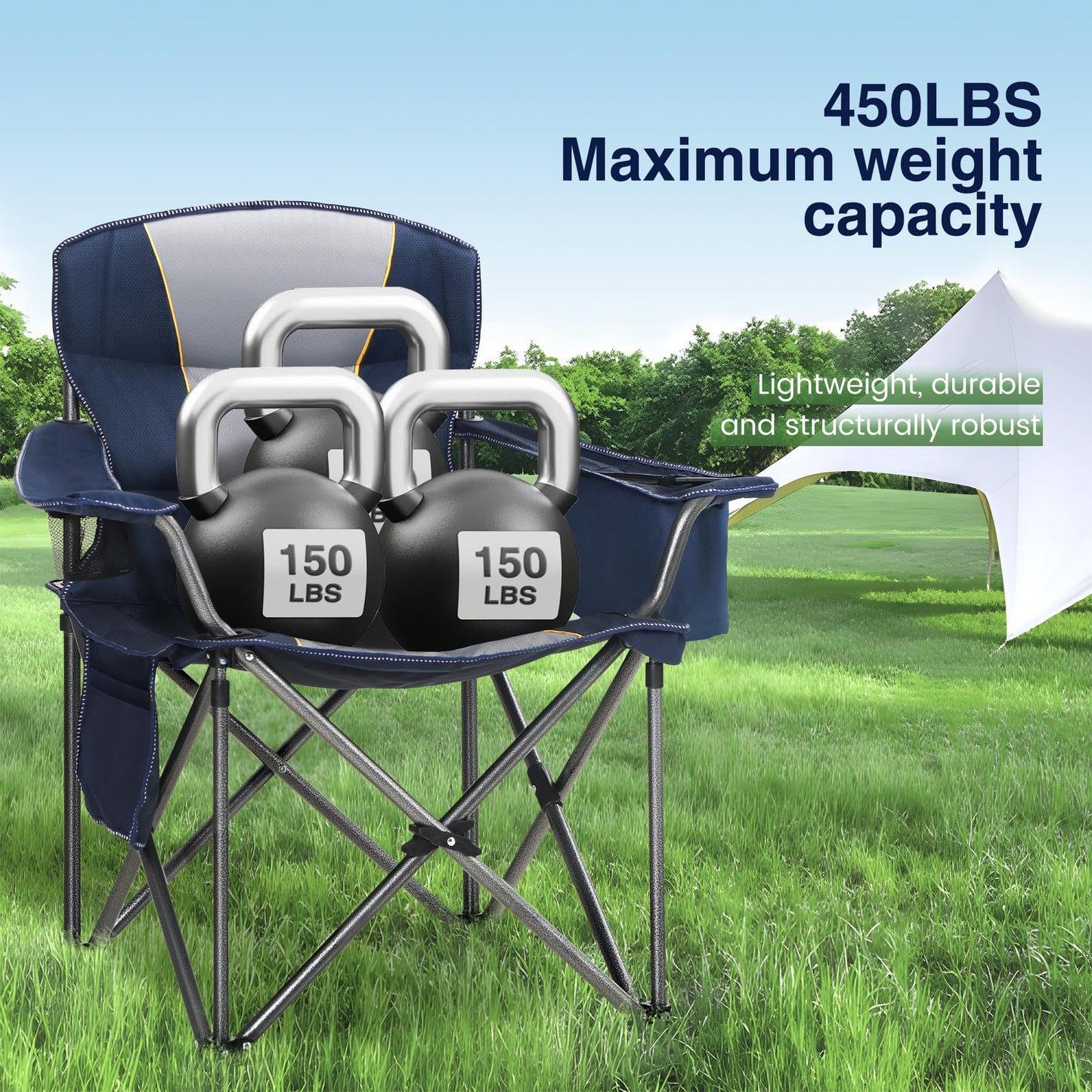 HIGH POINT SPORTS Oversized Portable Camping Folding Chair, Heavy Duty Portable Lawn Chairs, Folding Chairs for Outside with Cup Holder and Cooler Bag for Camp, Travel, Support 450 LBS, 2 Pack,Blue