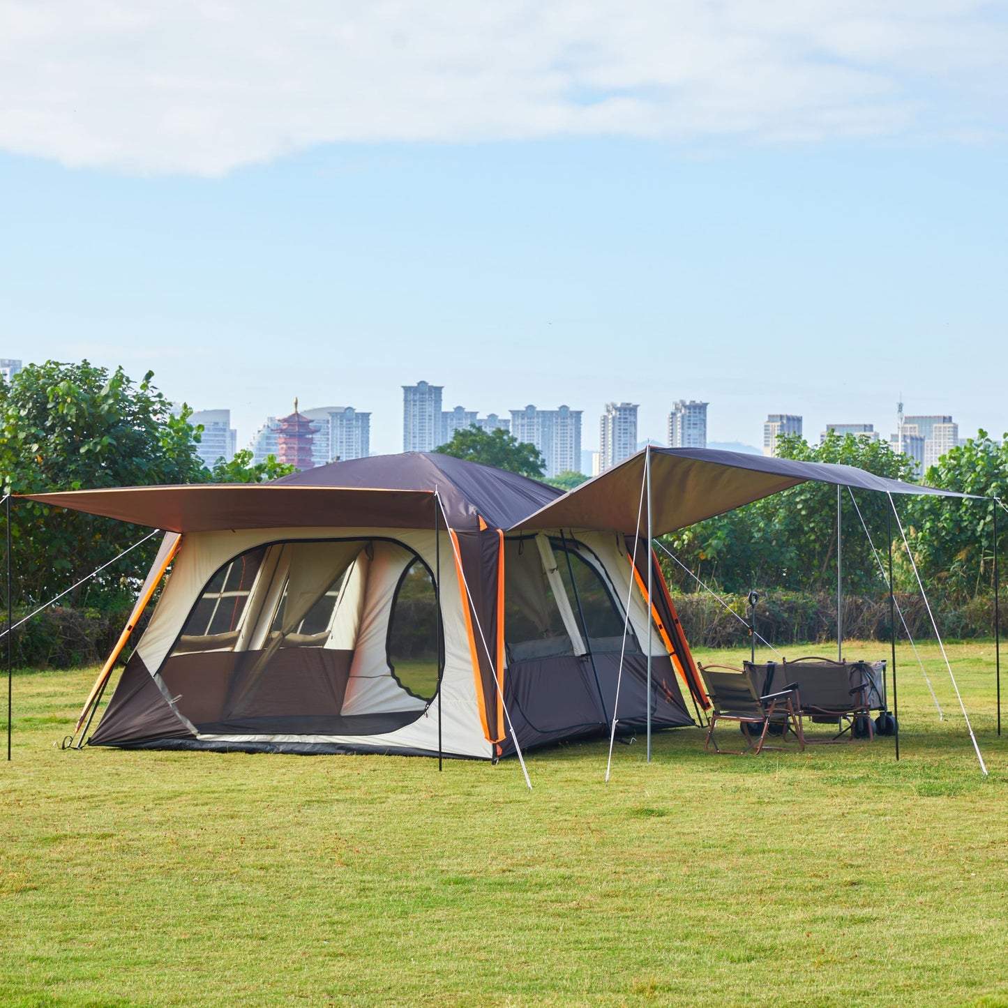 KTT Extra Large Tent 12 Person(A),Awning Family Cabin Tents,2 Rooms,4 Doors and 4 Windows with Mesh,Straight Wall,Waterproof,Double Layer,Big Tent for Outdoor,Picnic,Camping,Family Gathering(Brown)