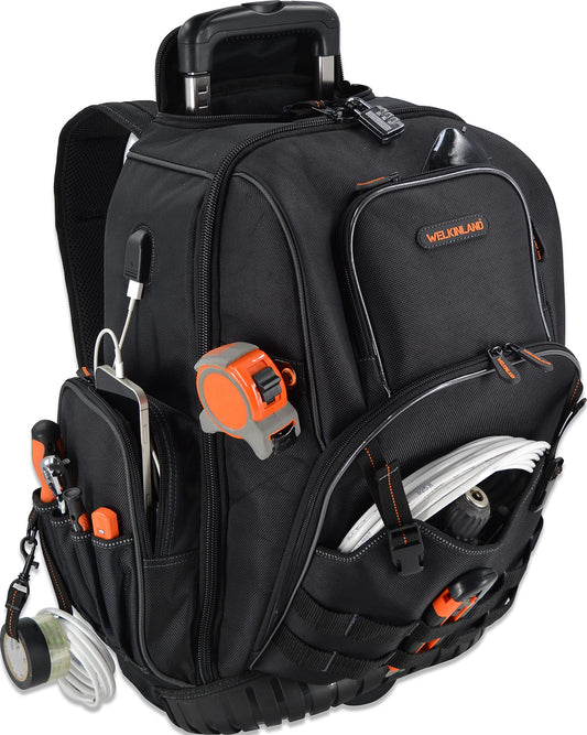 WELKINLAND 72Pockets Rolling Tool backpack, Large tool bag with wheels, Rolling Electrician bag with wheels for men