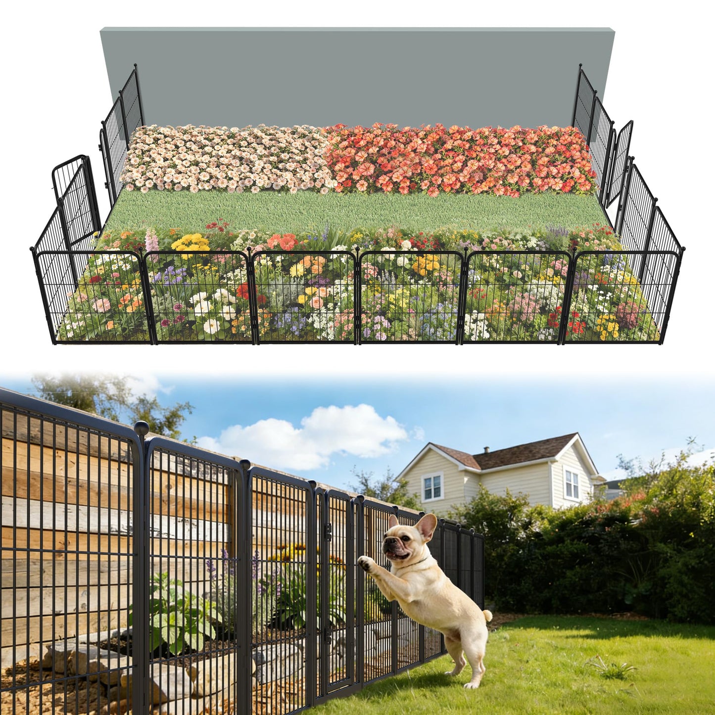 FXW Garden Fence Outdoor for the Yard – 24in(H) x 30.4ft(L) Heavy Duty Metal Animal Barrier for Dog, No Dig Decorative Dog Fence, 16 Panels, Black